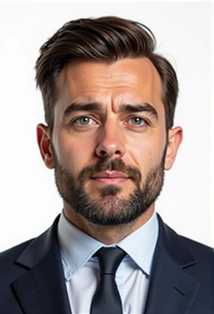 "Create a realistic passport-style photo of a man in his 30s with short, dark brown hair, styled as seen in the reference image, with a neatly trimmed beard. The background should be plain white, adhering to passport photo requirements. The man should be dressed in a formal suit and tie, with a neutral expression and no smile. The image should resemble a real photograph taken in a professional studio for official passport use."