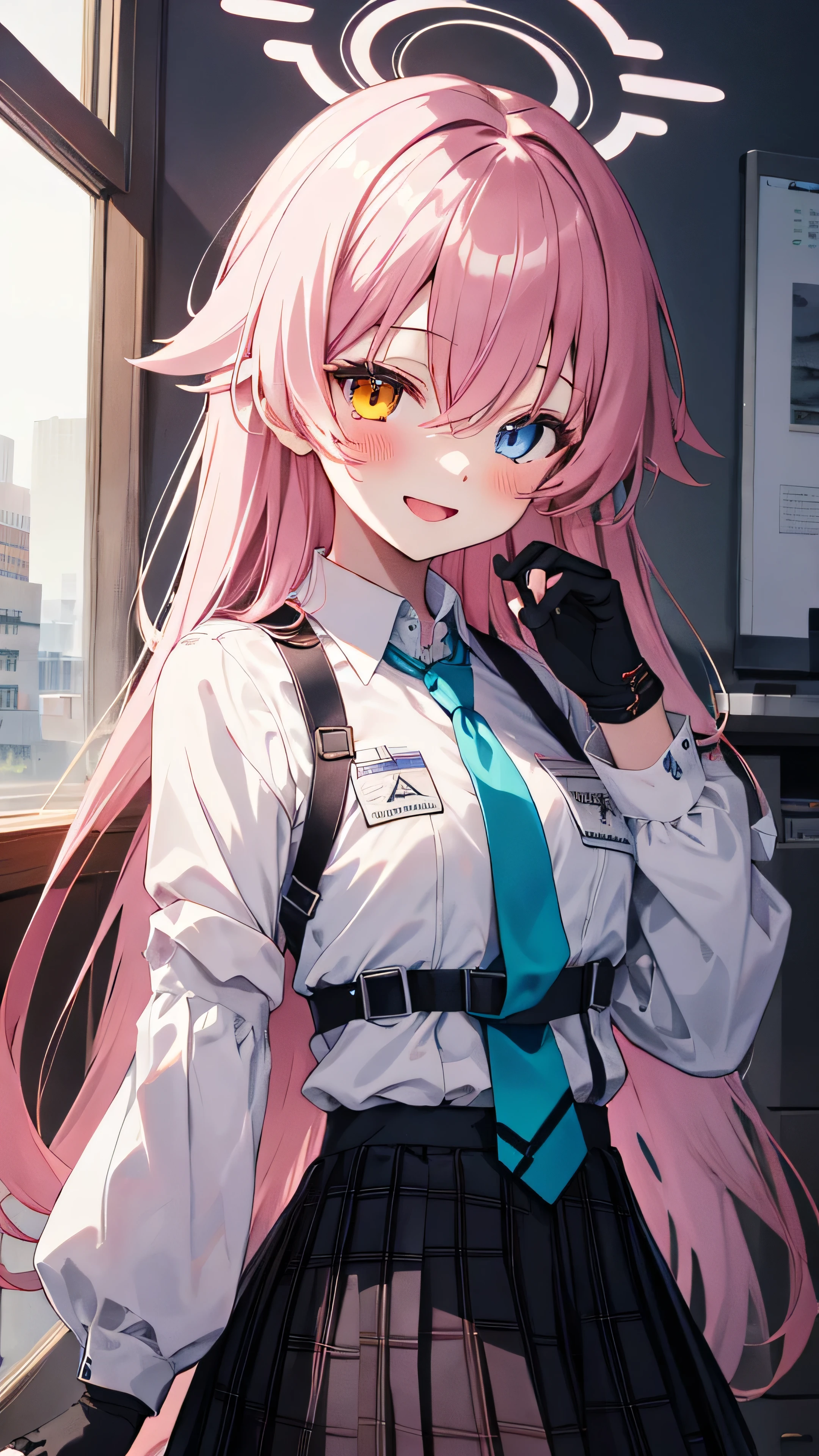 (Hoshino_Blue Archive), 1 girl, Black Skirt, Blue tie, Collared shirt, Looking at the audience, Open your mouth, Checked skirt, Pleated skirt, White shirt, Black gloves, Fingerless gloves, blush, smile, ID card, Chest Harness, Fluffy long sleeves,Highest quality,Best image quality,Perfect Anatomy,masterpiece,Ultra-detailed,beautiful,super high quality, Highest quality,High resolution, Very detailed,Game CG,Dutch Angle ,beautiful細部までこだわった目,Visual Arts,Five Fingers, Perfect hands, Perfect lighting,