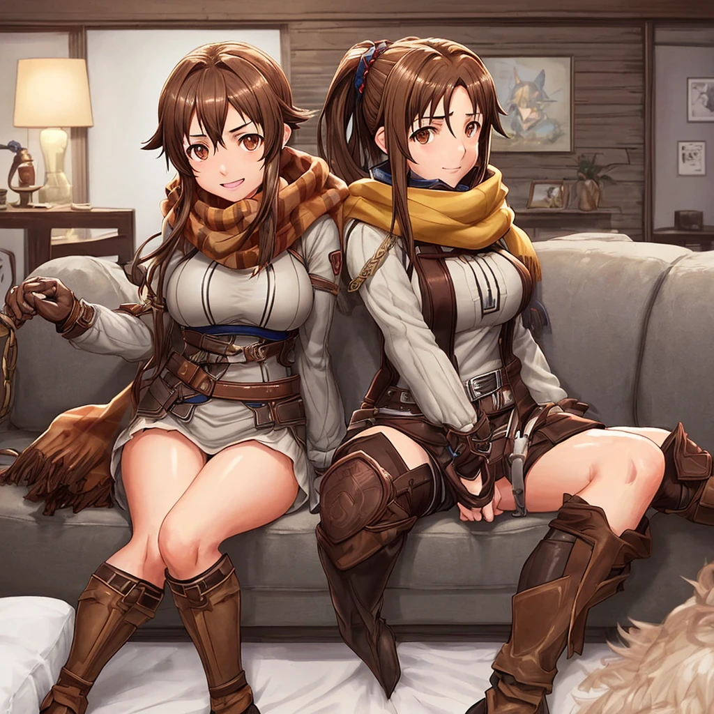 Campaign, cheered up, Brown hair, big breasts, Brown eyes, light smile, Cowboys, scarf, shackles, Session, with legs open, inside a smart home, Session on the couch, Asada Shino's face, cheered up Sword Art Online, Best Quality