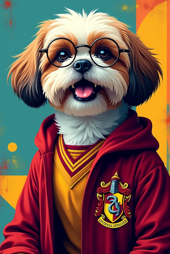 A pop art painting of a happy Shih Tzu dog dressed as Harry Potter