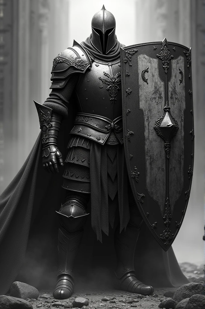 Medieval knight with very large shield in black and white