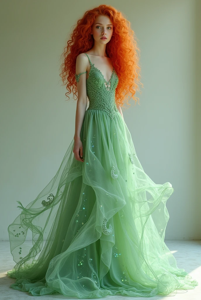 Curly redhead girl in long light green dress inspired by dragons full body