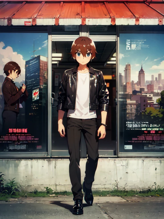 (Keiichi_Maehara), Brown Hair, blue eyes, Hair between the eyes, 1 person, (Black Leather Jacket), subway, platform, industrial, City, Inorganic, dark, modern, Movie Posters