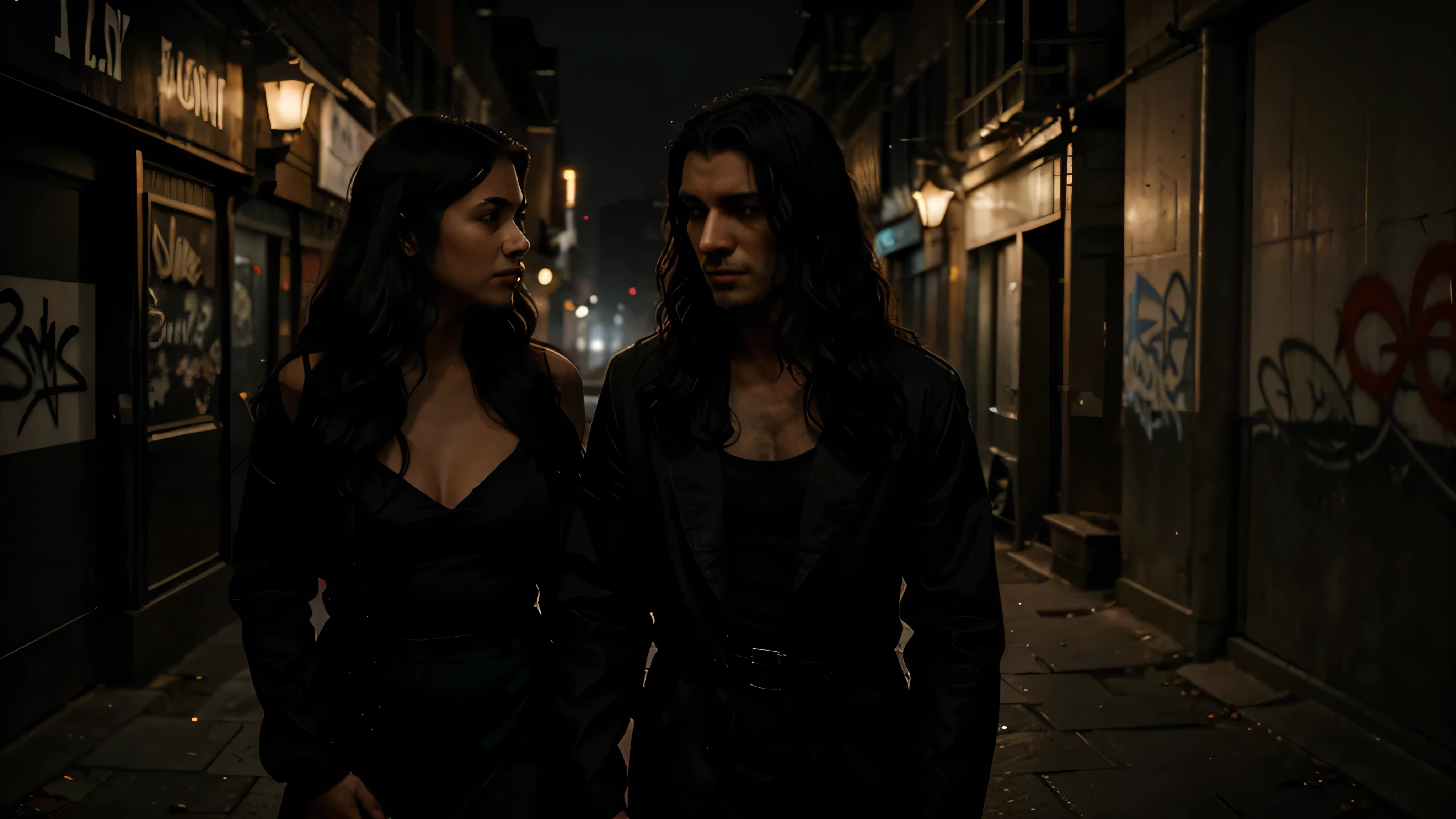 A dimly lit urban alleyway at night, where a couple stands close together, partially hidden in the shadows. The woman has a sensual, soft expression, wearing a sleek, black dress that clings to her figure, with wavy hair cascading over her shoulders. The man is dressed in a dark, fitted jacket, gently holding her waist. Their faces are close, almost touching, creating a sense of intimacy. The background shows faint city lights and graffiti on the walls, with a subtle mist adding to the mysterious atmosphere.