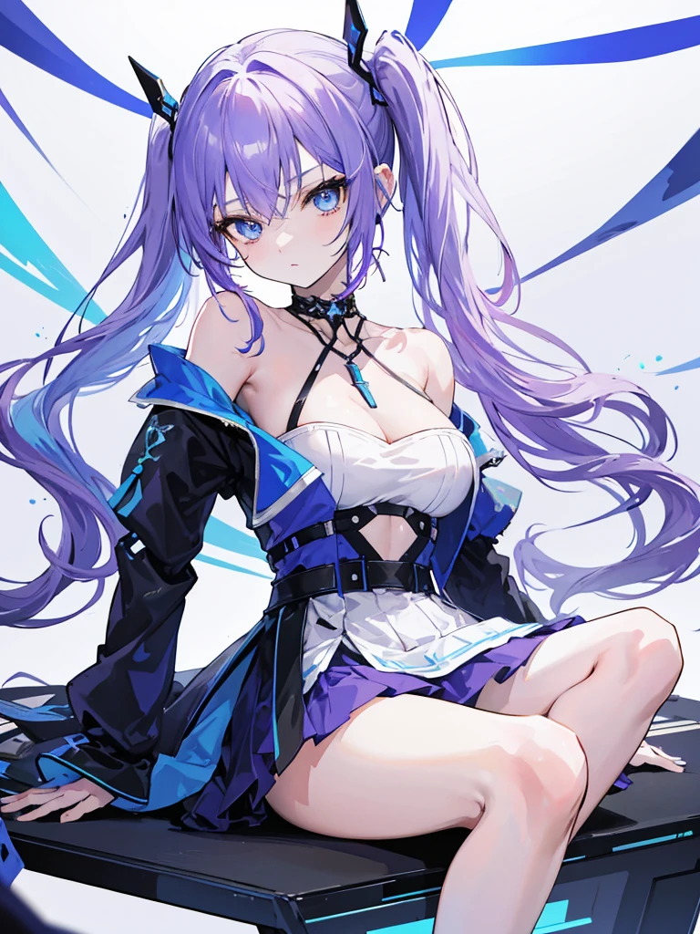 An anime-style female character with light purple hair tied into twin long ponytails. She has bright blue eyes and a gentle, slightly shy expression. The character is dressed in a white off-shoulder dress with blue and gold accents, including a star-shaped pendant around her neck. The dress has long, loose sleeves and a short skirt. She wears a black thigh strap on her right leg. The background shows a sleek, reflective floor with blue and metallic tones, giving the scene a futuristic or modern atmosphere. The character is sitting on the edge of a platform or step, looking calmly forward.absurdres, high res, ultrasharp, 8K, masterpiece, looking at viewer