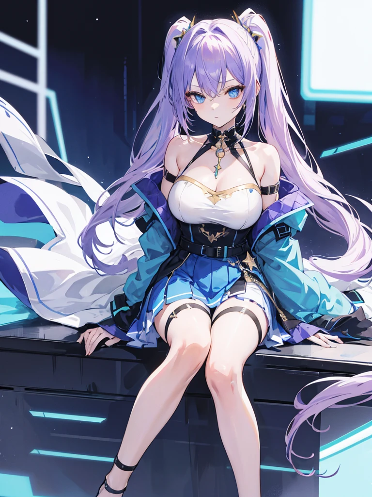 An anime-style female character with light purple hair tied into twin long ponytails. She has bright blue eyes and a gentle, slightly shy expression. The character is dressed in a white off-shoulder dress with blue and gold accents, including a star-shaped pendant around her neck. The dress has long, loose sleeves and a short skirt. She wears a black thigh strap on her right leg. The background shows a sleek, reflective floor with blue and metallic tones, giving the scene a futuristic or modern atmosphere. The character is sitting on the edge of a platform or step, looking calmly forward.absurdres, high res, ultrasharp, 8K, masterpiece, looking at viewer