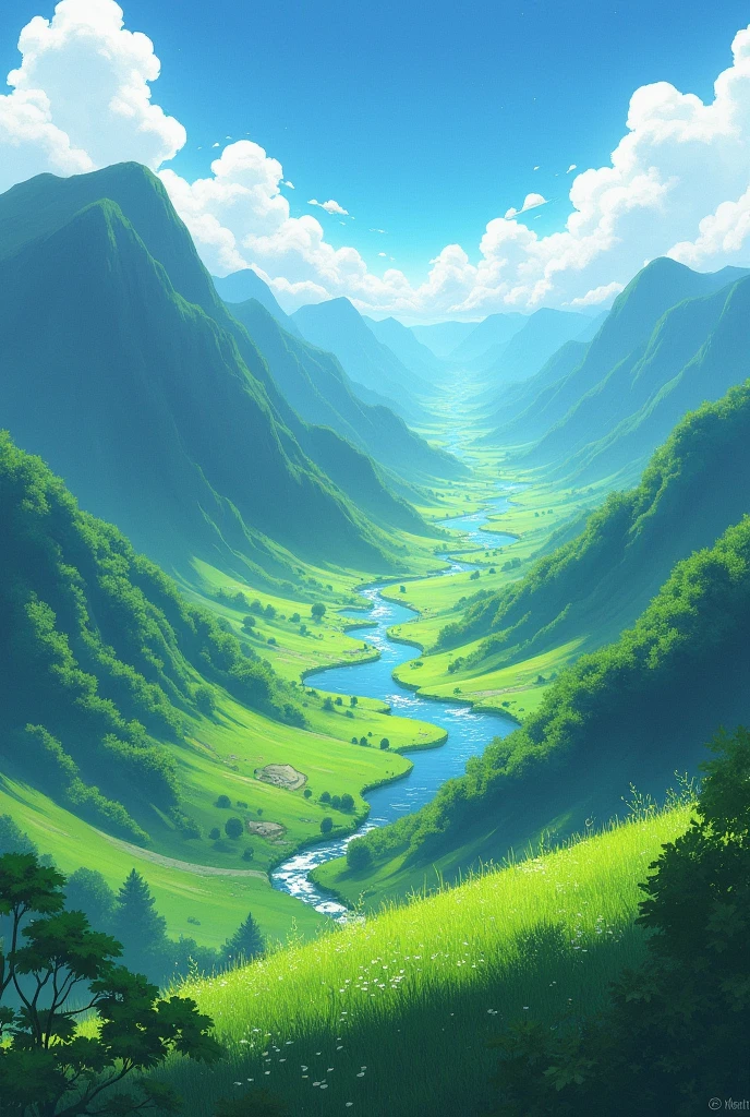 View from a hill, Valley with green meadows, two rivers that cross, in the distance a forest, magical, imaginative, masterpiece, anime style