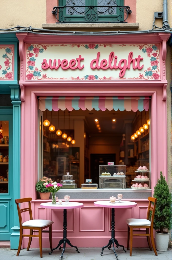 "A picture of the facade of a cozy and colorful bakery, with a striking sign that says 'sweet delight'. The sign is decorated with sweet motifs and pastel colors, and with chairs and tables."