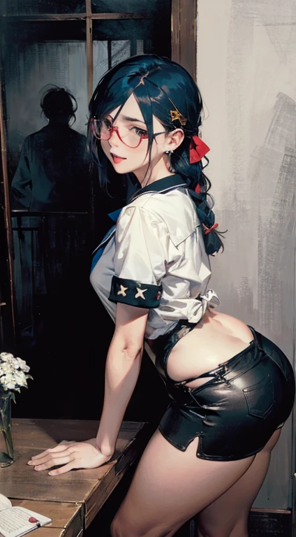 (high quality, 8K, 4k, high contrast, masterpiece:1.2, 最high quality, best aesthetics), (dynamic angle), ((1 female)), erotic, sexy, mature body, JK, , Braid, Glasses, sexyな唇, excited, Chairman, sailor suit:1.2, open your mouth. View from above, a dimly lit bedroom with a gorgeous woman in maid outfit with short ruffles skirt, frilly lace underwear, medium round , holding a feather duster, standing in room, slightly bent over, hot,sharp focus, perfect hands, silver and blue hair tied up, perfect face, perfect eyes, perfect light, dynamic light, natural light,Low-key lighting Style, large_breasts, small butt 1girl, bangs, hair between eyes, back angle, long straight hairs covering back, black hairs, curvy body, detailed black shorts and croptop, black stud earrings, medium t, medium, hands on wall, looking at viewer, showing, shy face, blushing cheeks, low camera, hairclip, black hair ribbon, wooden clock, table, night lamp, night, tattoed arms, one leg on table, (((perfect anatomy))), (((perfect hands))), (depth of field:1.2), (absurdres:1.2), (best quality:1.2), (masterpiece:1.2), (detailed background), newest, ai-generated, intricate ,bigchest