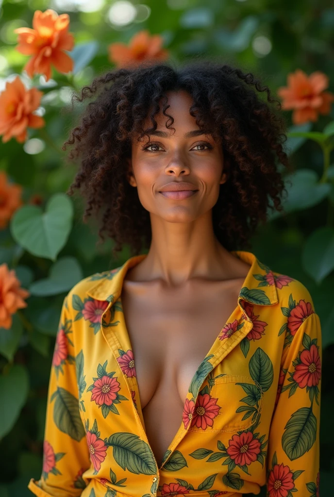 A Brazilian woman in a lush tropical garden, wearing an open shirt with a floral print, with a close-up capturing the harmonious beauty between her breasts and the natural flowers, showing off your natural charm and outgoing personality.