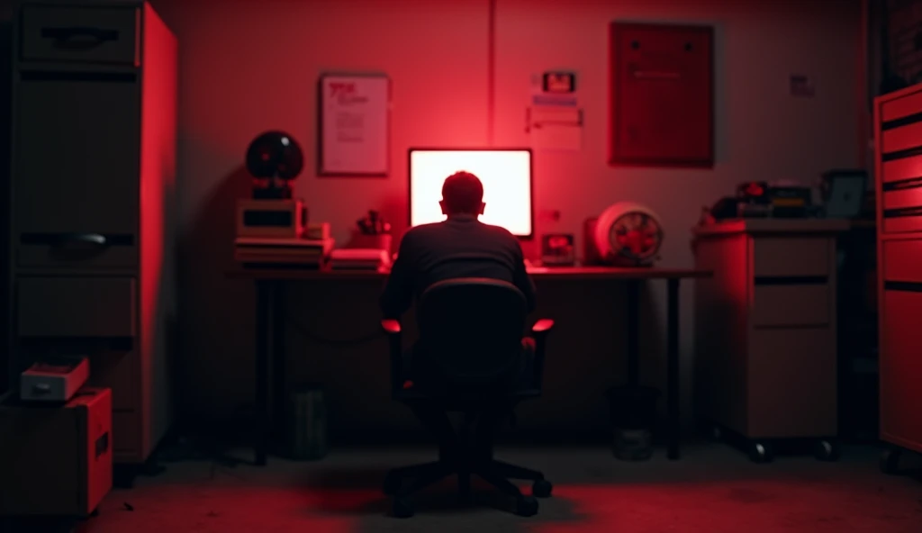 The faint outline of someone crouching under a desk in a dark basement office. The atmosphere is tense, with the room filled with old, dusty equipment. The only light source is a dim computer screen. Blurry and in red and white.