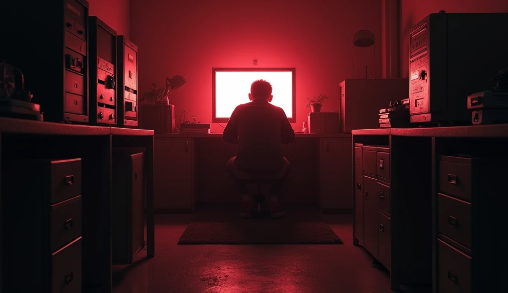 The faint outline of someone crouching under a desk in a dark basement office. The atmosphere is tense, with the room filled with old, dusty equipment. The only light source is a dim computer screen. Blurry and in red and white.