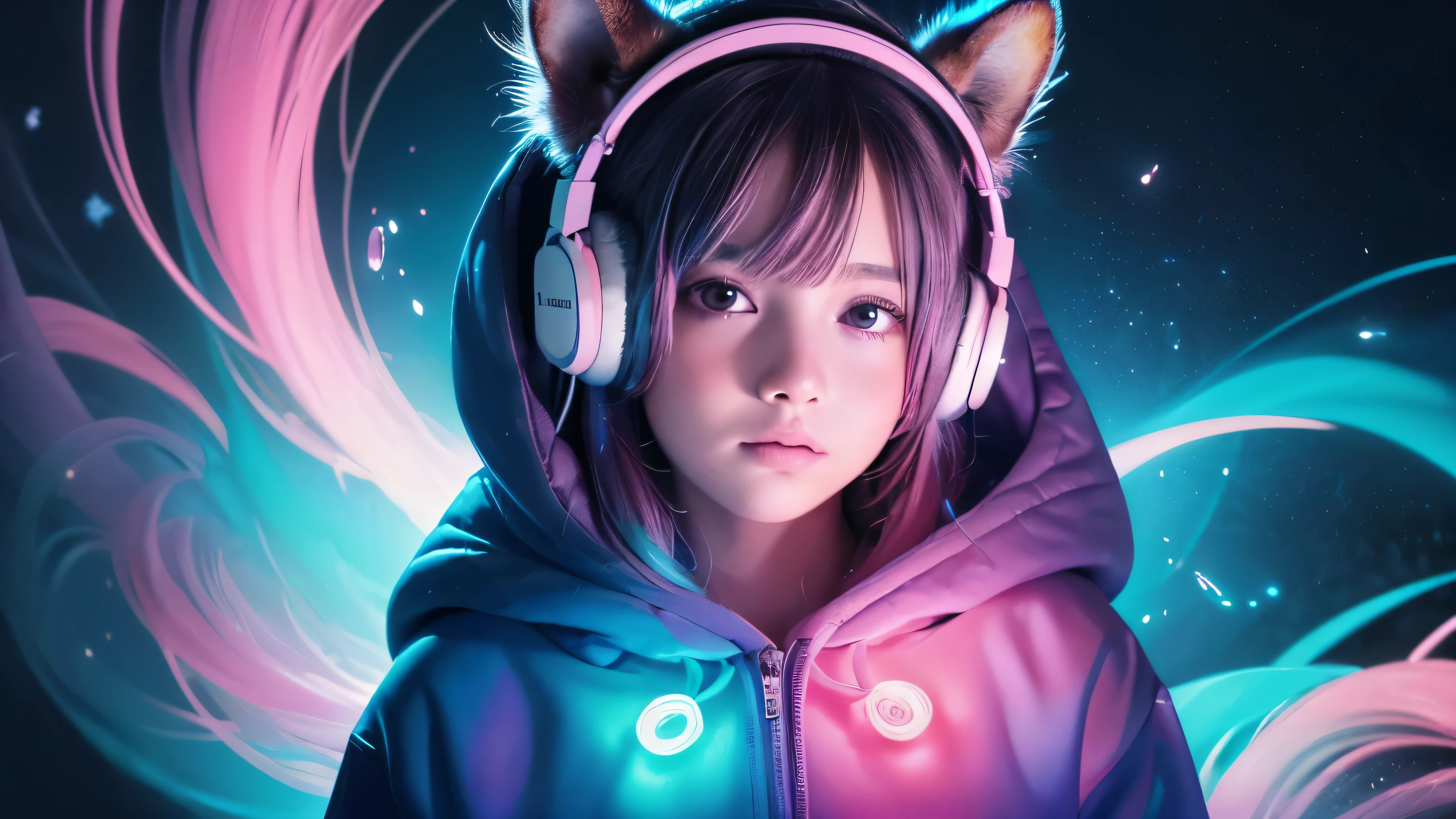 (A beautiful baby girl with black eyes in a night frame, full of stars, a decorative panel, arte abstrata, side facing shot, photorrealistic, light pink hair, slickedback hair, Beautiful black hair, glowing white skin, Picturesque, outline, texture, Extremely high resolution, standing alone, beautfull woman, very detailled, Fractal Art, colorfully, florals, More Detailed, tangle, dynamic pose, abstract background, shining skin, many colors, aretes, plume), (A cute squirrel with fluffy fur wearing a silver blue outfit, including a hoodie and headphones, the background is modern and inorganic, adorable digital painting, 3d rendered, bright lighting, swirly vibrant colors, outside and raining)