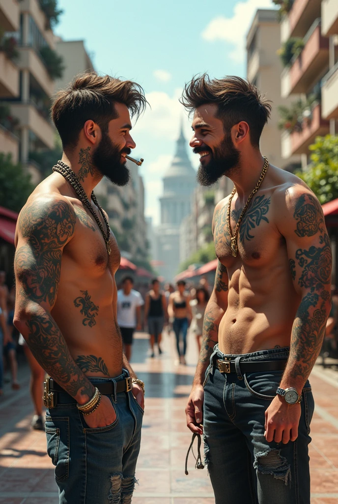 A young tattooed man smoking in a square with a laughing black friend