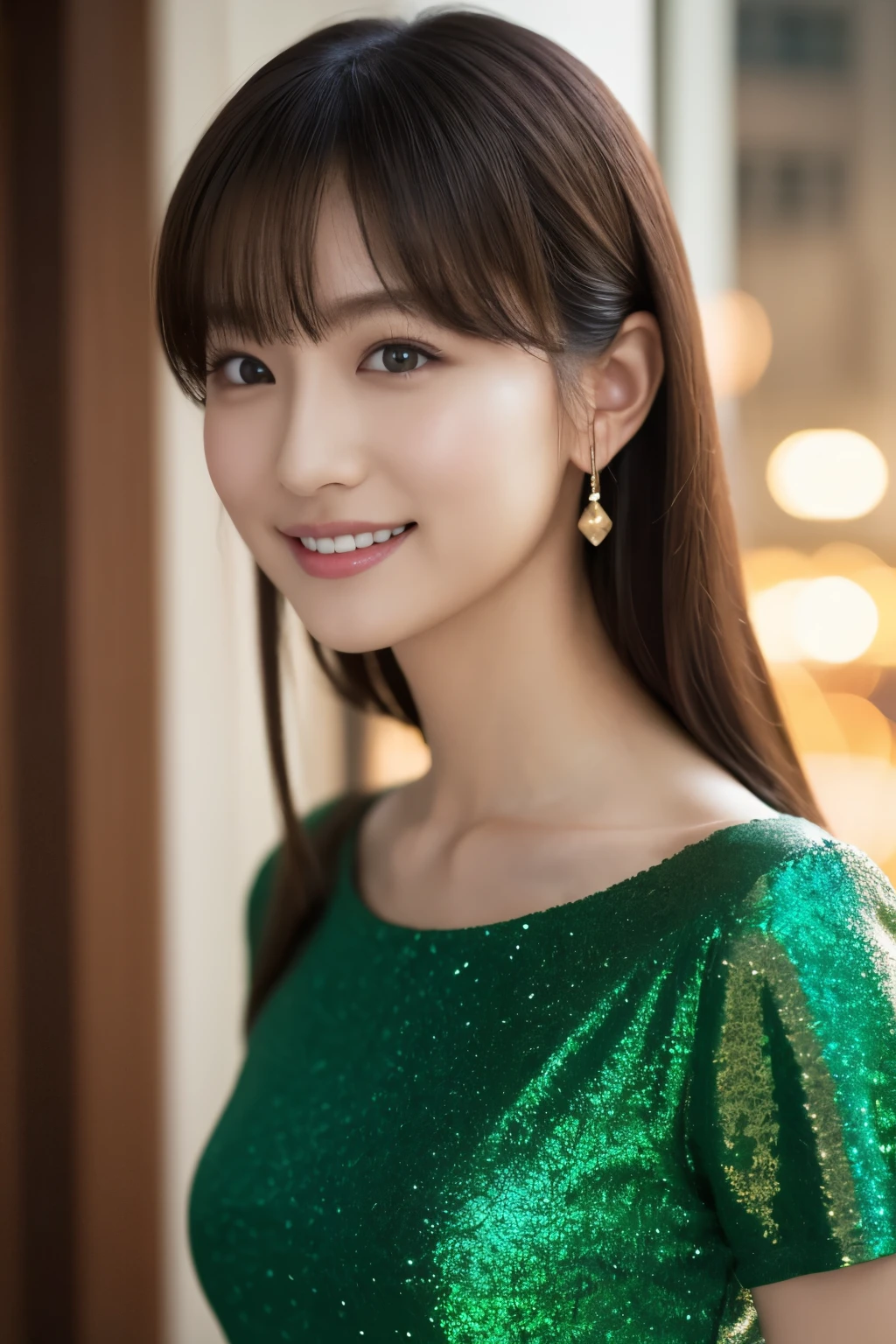 1 girl, (wearing a green glitter dress:1.2), (RAW photo, highest quality), (realistic, Photoreal:1.4), table top, very delicate and beautiful, very detailed, 2k wallpaper, wonderful, finely, Very detailed CG Unity 8k 壁紙, Super detailed, High resolution, soft light, beautiful detailed girl, very detailed目と顔, beautifully detailed nose, Finely beautiful eyes, cinematic lighting, night city lights, Fantastic illumination, perfect anatomy, slender body, small, smile