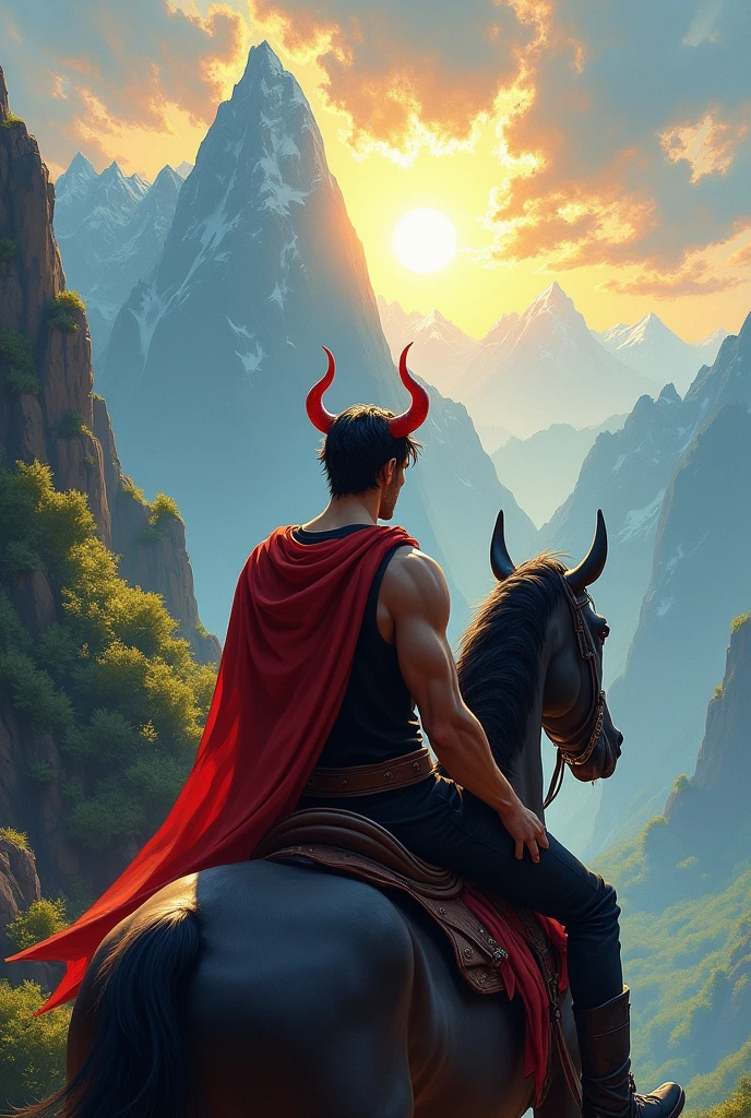 Devil on god's mission, impressionistic art with the handsome white male black haired devil with red horns and a mocking smile but gentle eyes on a horseback with his back facing the viewer but can still see slight sideview of his handsome face with mocking smile towards sunshine/goodness climbing on mountain tops