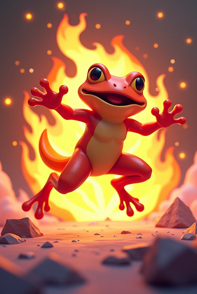 Design a 3D stylized illustration for 'Flare,' a frog-like creature aligned with the fire element, in a leaping attack pose. The art style should reflect the clean, futuristic aesthetic of the SOLMON logo, with bold lines and vibrant colors. Flare should be shown mid-leap, with flames trailing behind as it prepares to strike with a fiery tongue lash. The background should include minimalistic digital and cosmic elements that enhance the fire theme, resulting in a playful yet powerful visual impact.