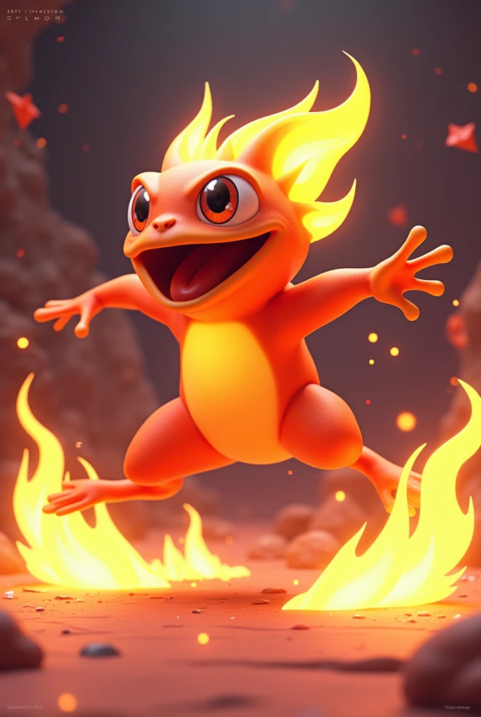Design a 3D stylized illustration for 'Flare,' a frog-like creature aligned with the fire element, in a leaping attack pose. The art style should reflect the clean, futuristic aesthetic of the SOLMON logo, with bold lines and vibrant colors. Flare should be shown mid-leap, with flames trailing behind as it prepares to strike with a fiery tongue lash. The background should include minimalistic digital and cosmic elements that enhance the fire theme, resulting in a playful yet powerful visual impact.
