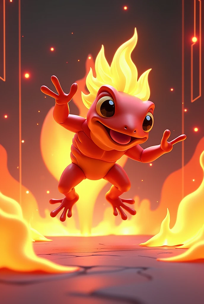 Design a 3D stylized illustration for 'Flare,' a frog-like creature aligned with the fire element, in a leaping attack pose. The art style should reflect the clean, futuristic aesthetic of the SOLMON logo, with bold lines and vibrant colors. Flare should be shown mid-leap, with flames trailing behind as it prepares to strike with a fiery tongue lash. The background should include minimalistic digital and cosmic elements that enhance the fire theme, resulting in a playful yet powerful visual impact.