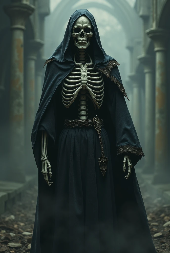 DND character, a skeleton wearing a plague doctor mask and a worn dark tunic, good, skeleton, epic