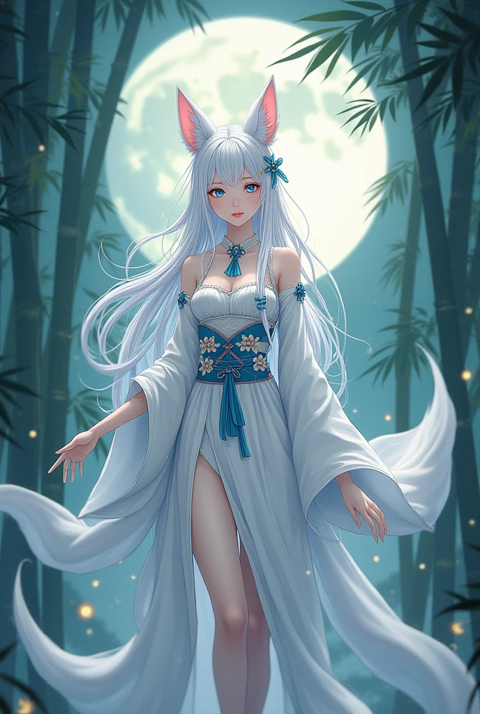 (masterpiece:1.2), highest quality,pixiv,
1 maid, alone, white long hair, moon, traditional Chinese Han custom, traditional Chinese custom, pinky fox ear, looking at the viewer, animal ears, blue eyes, long sleeve, bangs, full moon, wide sleeve, Chinese go pattern, hair ornaments, Tassel, hair between eyes, flower, Are standing, parted lips, fox ears, Animal ear fluff, white kimono, hair flower, print kimono, very long hair, white flower, legs stick out from frame, horse face skirt, white and blue skirt, in bamboo forest