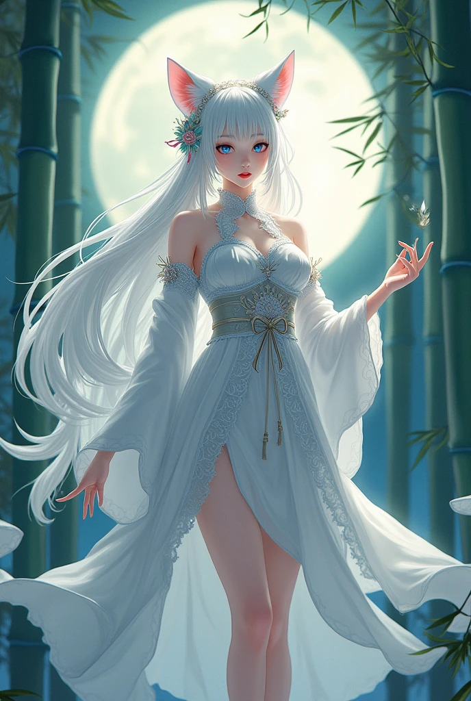 (masterpiece:1.2), highest quality,pixiv,
1 maid, alone, white long hair, moon, traditional Chinese Han custom, traditional Chinese custom, pinky fox ear, looking at the viewer, animal ears, blue eyes, long sleeve, bangs, full moon, wide sleeve, Chinese go pattern, hair ornaments, Tassel, hair between eyes, flower, Are standing, parted lips, fox ears, Animal ear fluff, white kimono, hair flower, print kimono, very long hair, white flower, legs stick out from frame, horse face skirt, white and blue skirt, in bamboo forest
