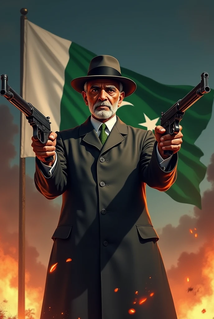Generate muhammad ali jinnah ( Quiad e azam. No facial hair and wears a hat) holding two machine guns, pointing upwards, infront of bomb blasts with the pakistan flag in the background. The sky is also night time.  He has no facial hair