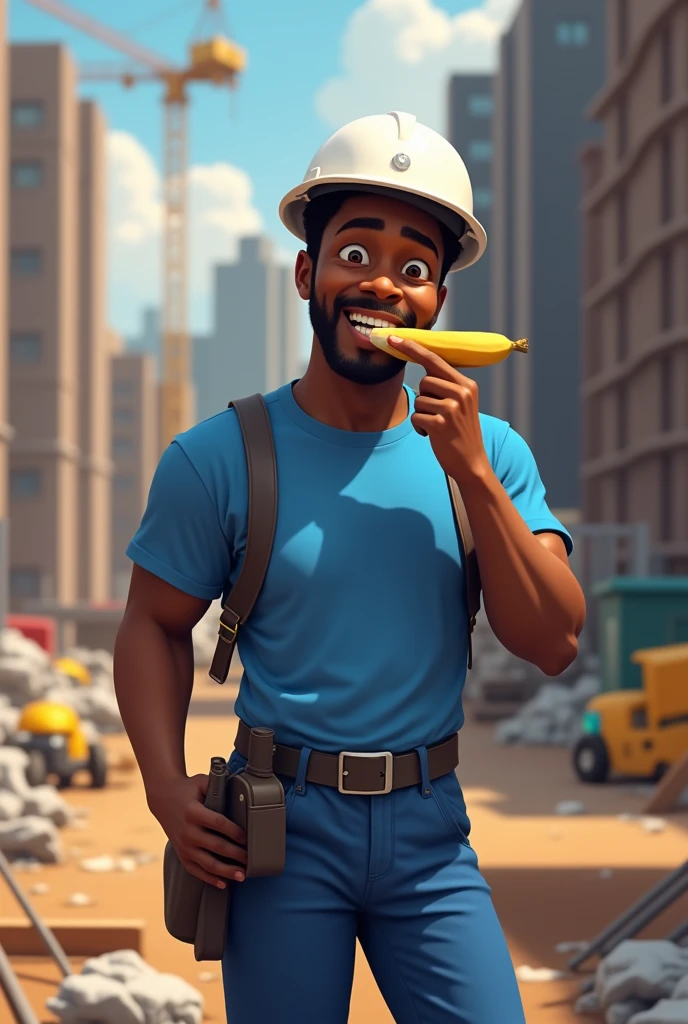 Black man wearing blue pants and t-shirt and white construction helmet eating a banana
