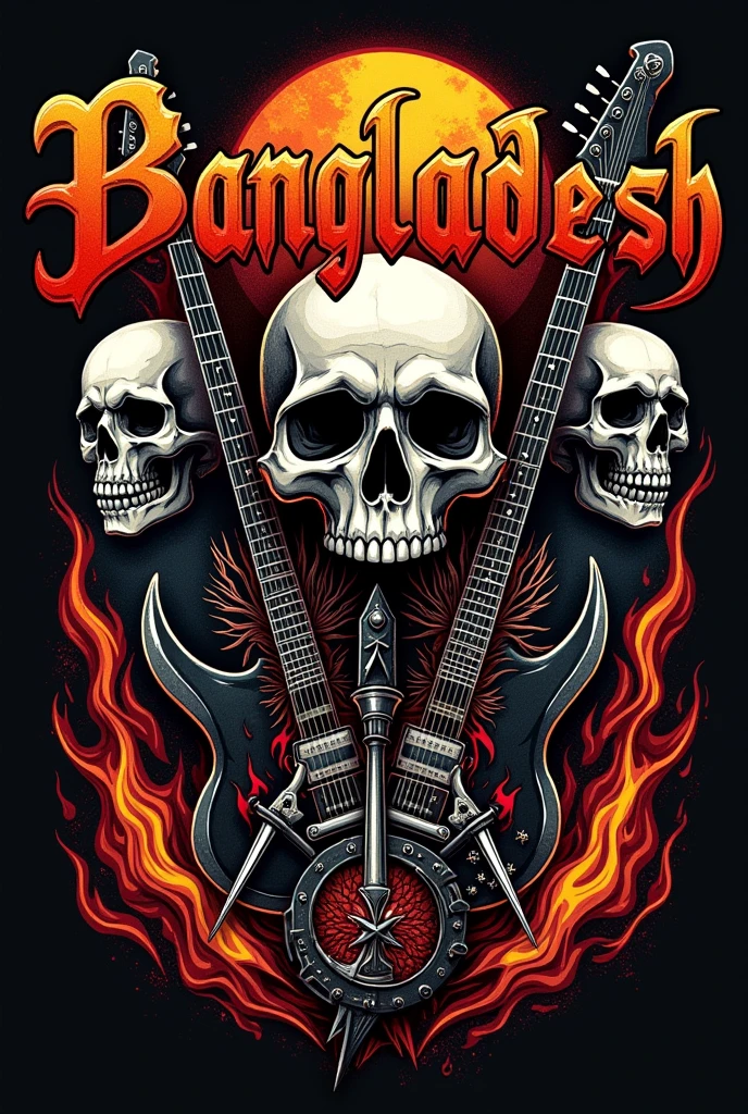 Design a heavy metal-inspired T-shirt featuring bold, intricate graphics with a dark and edgy aesthetic. Incorporate elements like skulls, electric guitars, and flames, with 'Bangladesh' prominently integrated into the design, reflecting the spirit of the country's metal scene. The print should be intense, with high contrast and detailed textures, perfect for a high-quality, high-impact print.
