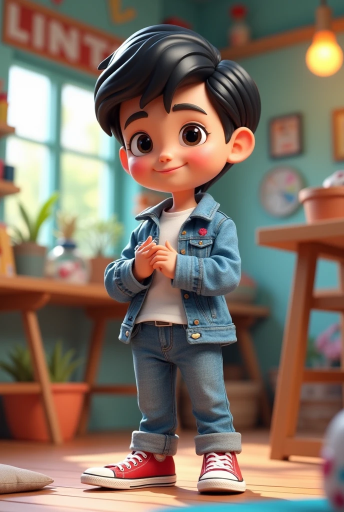 Cartoon 3d, short black hair, short black hair, white t-shirt, denim jacket and jeans, all star sneakers, making jewelry sign, making jewelry sign