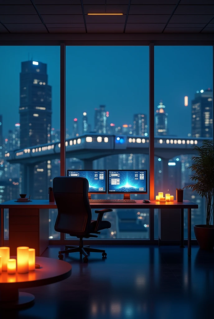 Create a realistic 1920x1080 office scene at night with a modern, cozy atmosphere. The room should have large windows showcasing a cityscape illuminated by the nighttime city lights. Include a monorail in the distance with a train passing by to add dynamic elements to the scene. Ensure some of the city lights flicker to enhance realism.

Inside the office, place a sleek, modern desk facing the windows. On the desk, position two computer monitors showing their backs to the camera. Add a keyboard and a mouse on the desk, ensuring they are neatly aligned. For added warmth, place lit candles on a coffee table in the room, casting a soft, warm glow that contrasts with the cool city lights outside. The overall ambiance should be a blend of modern technology and cozy, inviting elements.