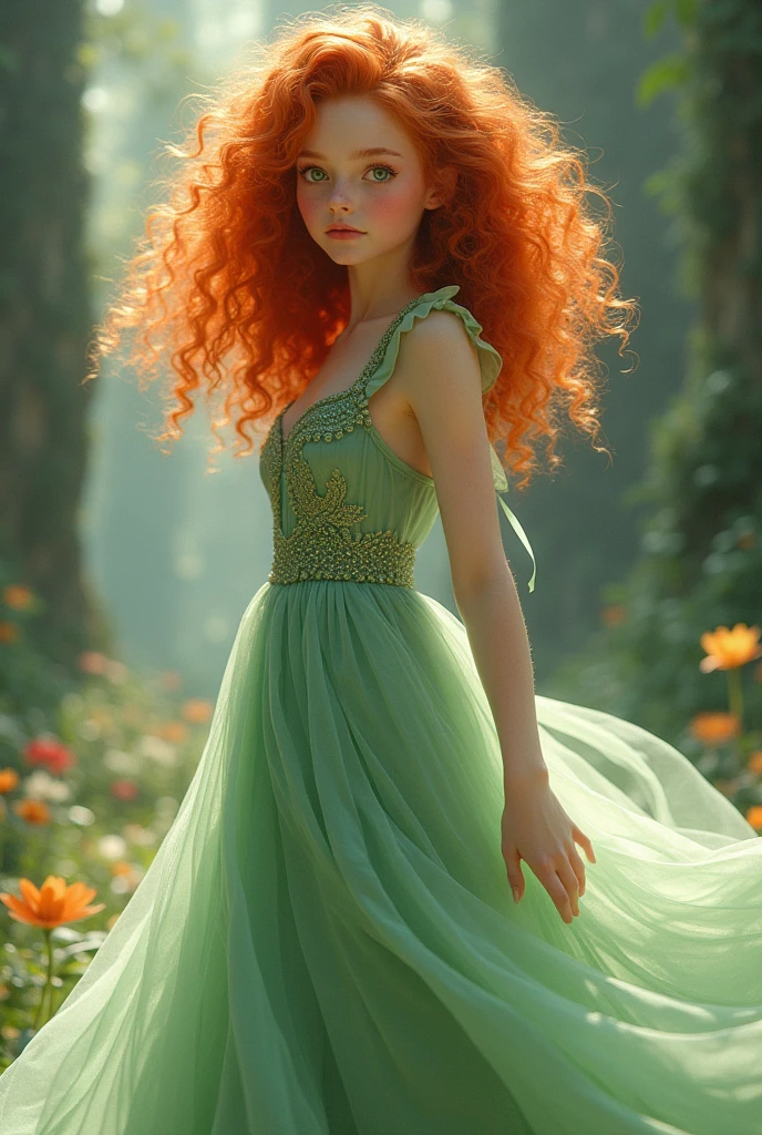 Curly redhead girl in long light green dress inspired by dragons full body