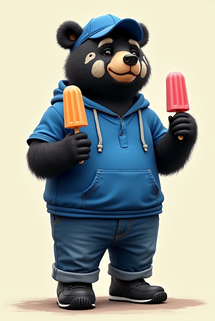 Black frontino bear with whitish spots extending around the eyes and nose through the cheeks, down the neck to the chest, wearing a blue sports shirt, jeans, black shoes and blue cap with popsicle ice cream in each hand