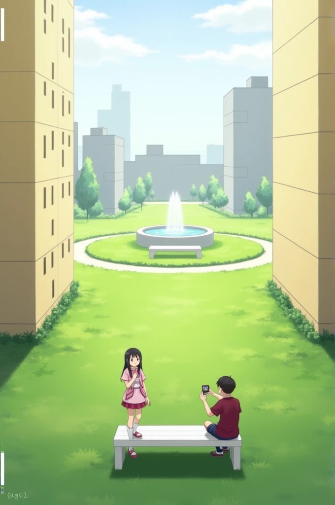 Image of two tall building of color beige and should be separated by spaces more in between. The floor should be filled with green grass.Add a white park bench in the middle and a fountain behind bench and skies and other buildings not related to front buildings should be visible in between the building . The path should be circular. Add a girl and boy. Girl is standing wearing pink white t shirt and a pant and boy is sitting in that white bench Filming her with his phone and he is wearing maroon tshirt and a pant