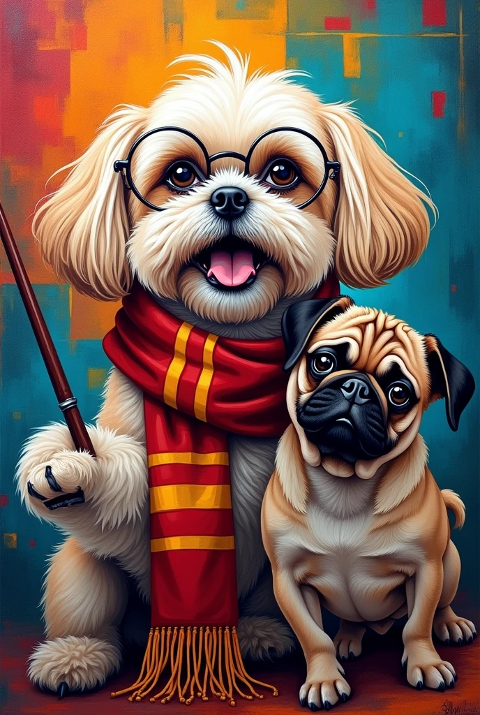 A pop art painting of a happy shiutzu dog dressed as Harry Potter with another pug dog