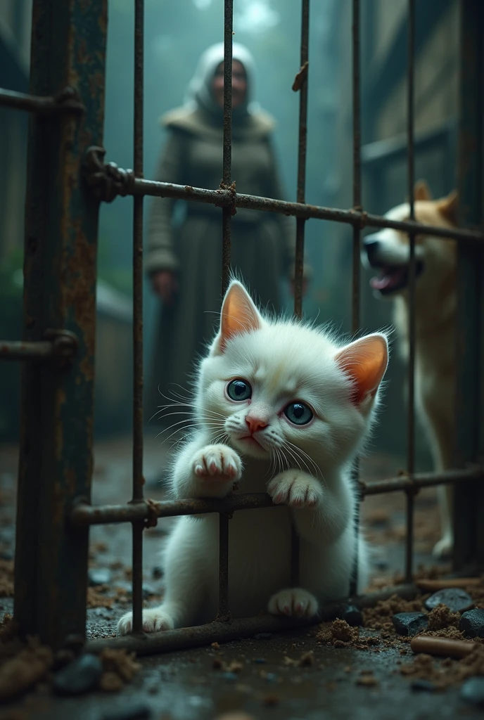A close-up of the chubby white kitten inside the cage, with tears in her eyes. The kitten is pressing her tiny paws against the bars of the cage, her face full of sadness and despair. The surrounding area is dark and ominous, with the old woman and her dog standing in the background, watching over the trapped kitten.