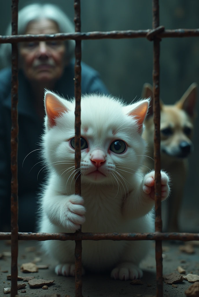 A close-up of the chubby white kitten inside the cage, with tears in her eyes. The kitten is pressing her tiny paws against the bars of the cage, her face full of sadness and despair. The surrounding area is dark and ominous, with the old woman and her dog standing in the background, watching over the trapped kitten.