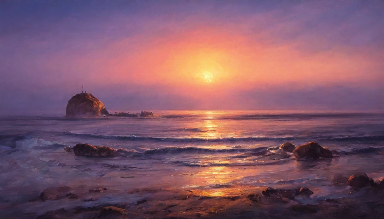 (best quality, masterpiece:1.2), A beautiful sunset over an ocean, golden, pink and purple hues, exquisite, painterly, realistic painting, light painting, beautiful, breathtaking