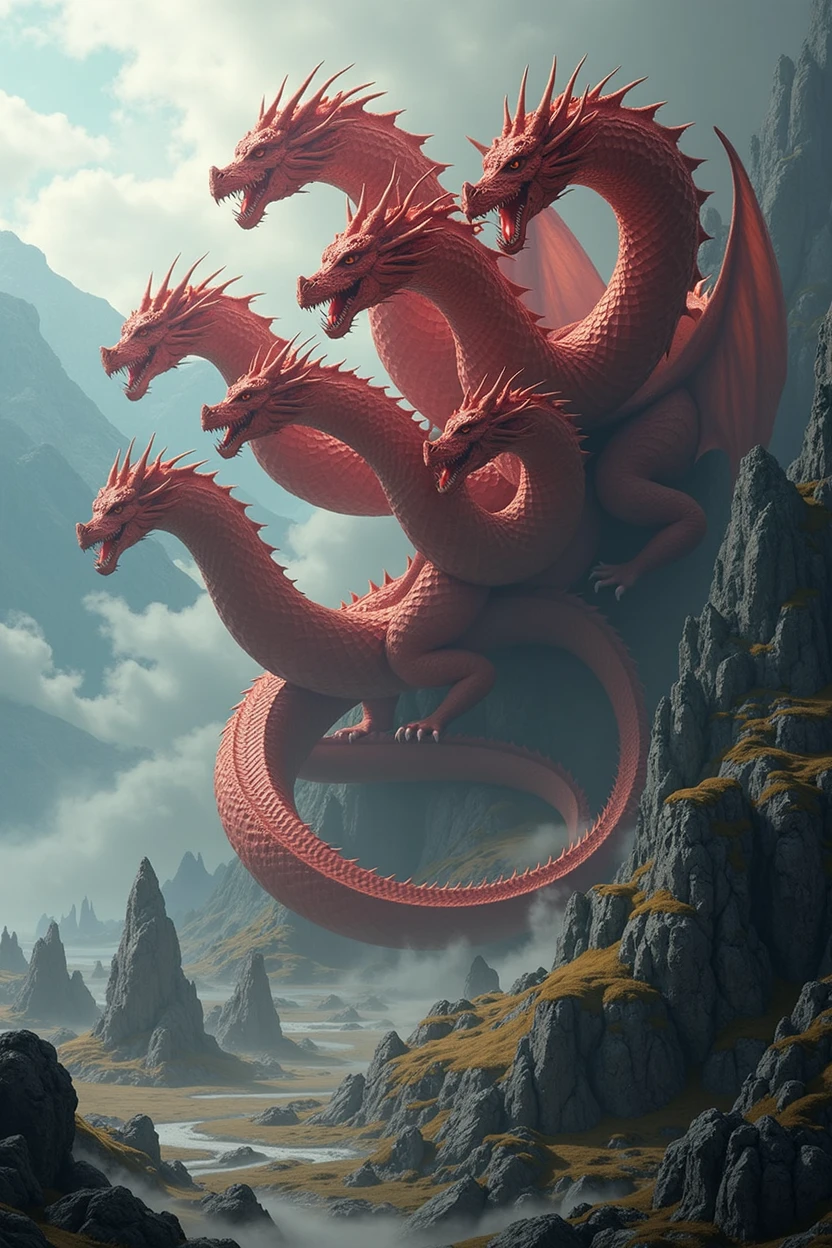 A seven-headed scarlet dragon, epic fantasy scene, highly detailed, 8K, dramatic lighting, cinematic, matte painting, fantasy art