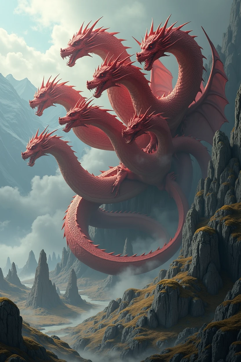 A seven-headed scarlet dragon, epic fantasy scene, highly detailed, 8K, dramatic lighting, cinematic, matte painting, fantasy art