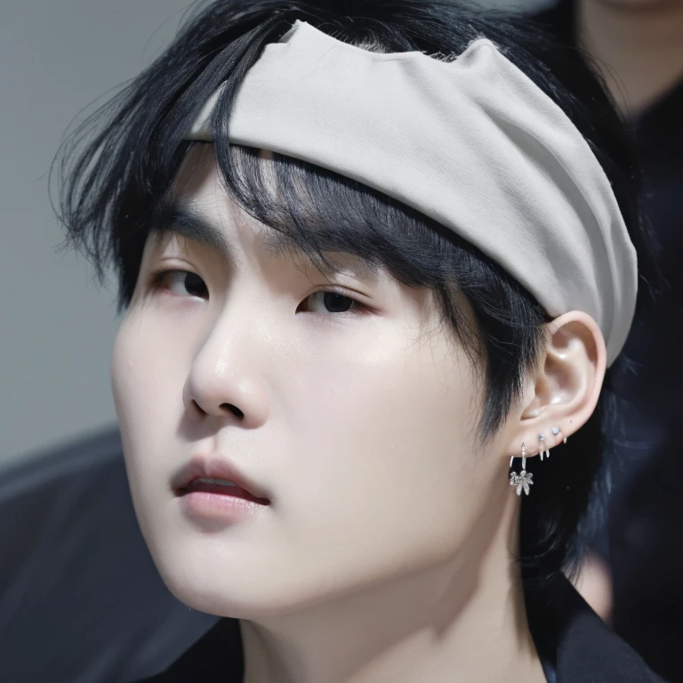 suga_lora1, Solo, male, long black hair, earrings, (masterpiece, ultra quality, high resolution), (detailed face), Young Korean man, 1boy, ((realistic)),