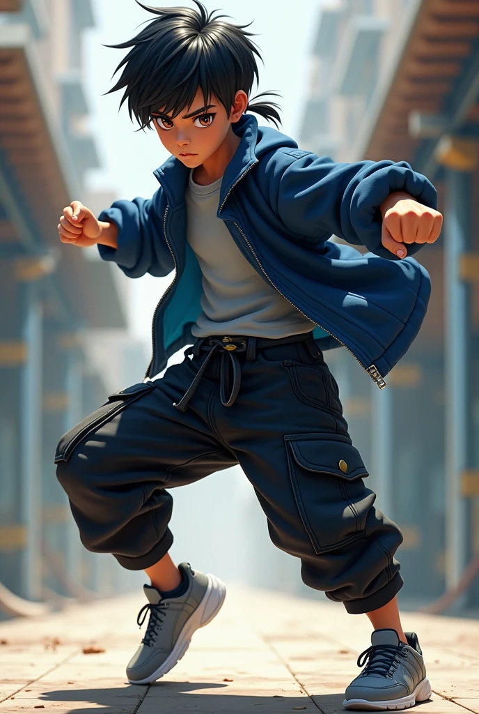 A young male with black hair and enough to be put in a small low ponytail with two strands falling to the sides of his face and slight messy bangs, dark brown eyes, a good physique focused more on speed and agility, wear baggy black cargo pants, gray tennis shoes, solid colored sweaters and a dark blue jacket with light blue details, black and white