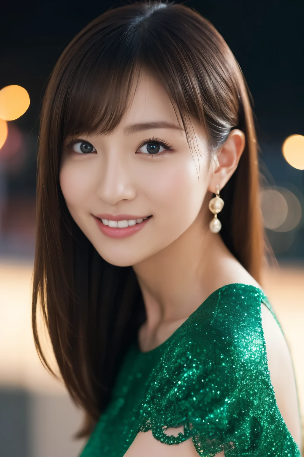 1 girl, (wearing a green glitter dress:1.2), (RAW photo, highest quality), (realistic, Photoreal:1.4), table top, very delicate and beautiful, very detailed, 2k wallpaper, wonderful, finely, Very detailed CG Unity 8k 壁紙, Super detailed, High resolution, soft light, beautiful detailed girl, very detailed目と顔, beautifully detailed nose, Finely beautiful eyes, cinematic lighting, night city lights, Fantastic illumination, perfect anatomy, slender body, small, smile