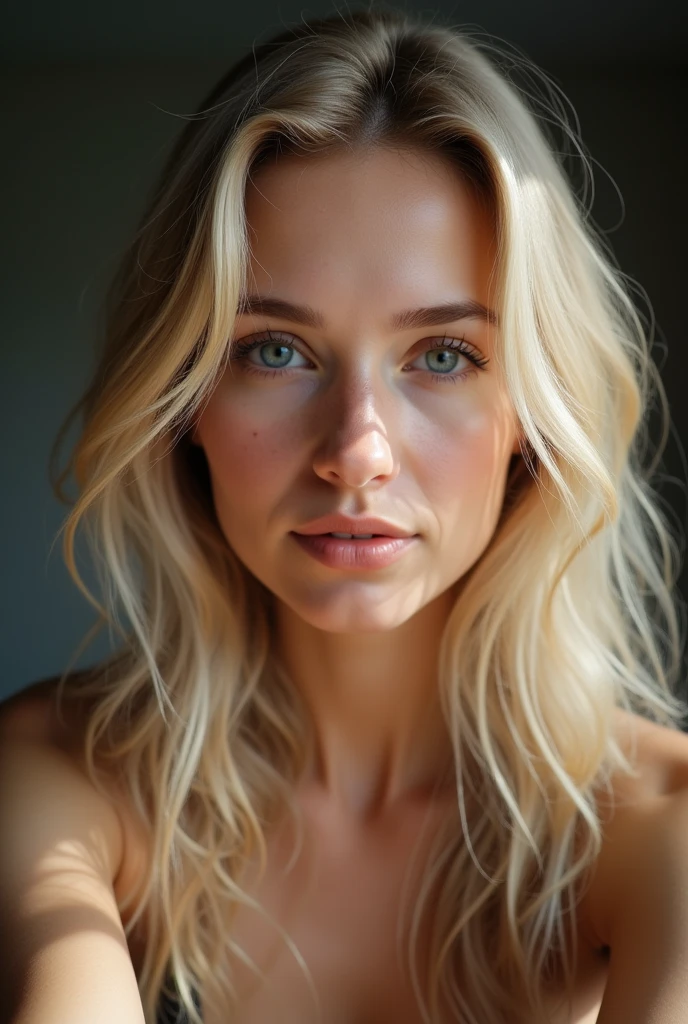 une belle fille aux longs cheveux blonds, yeux détaillés, nez, et les lèvres, se prend en selfie avec son bras droit, (Meilleure qualité,4k,8k,haute résolution,chef-d&#39;œuvre:1.2),ultra-détaillé,(Réaliste,photoRéaliste,photo-Réaliste:1.37),HDR,éclairage de studio,visage et corps extrêmement détaillés, portrait,Éclairage cinématographique,Éclairage dramatique,tons de couleurs chaudes,couleurs dramatiques  avec une qualité photographique réaliste, incluant des imperfections comme du bruit, des aberrations chromatiques ou un léger flou. 