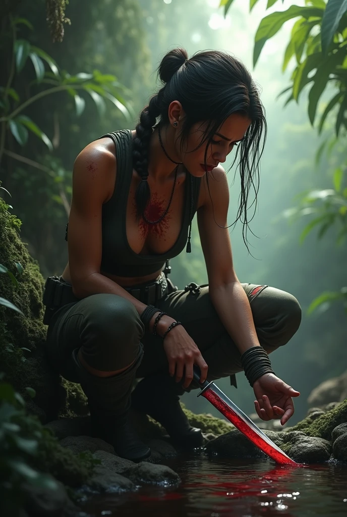Crying in agony, lara Croft leaning on a rock, sitting weakly,, holding a bloody knife, chest bloodied and wounded, stabbing, in jungle morning