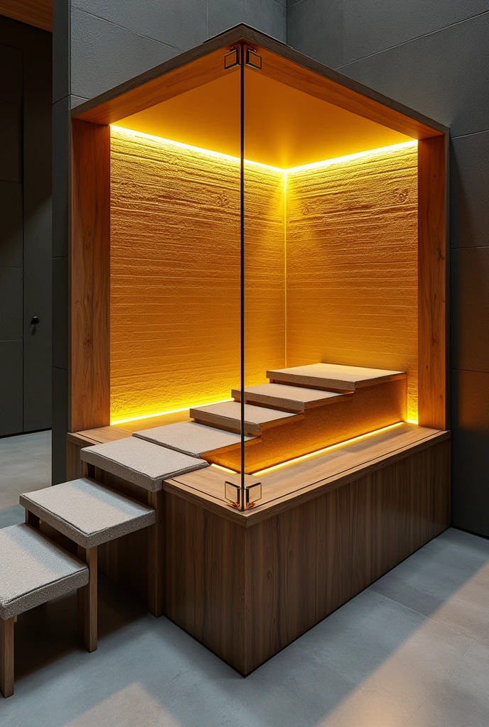 A 50 cm square table designed to give the impression of a deep well, thanks to the reflective glass surface that creates a stunning visual effect resembling an endless tunnel.. Inside the well, the walls are covered with a raised wallpaper with a design that mimics industrial brick or a modern look, adding depth and extra detail.. Warm yellow LED interior lighting floods the well interior and highlights the details.. The decor includes a modern-looking staircase that extends into the well, adding an artistic and contemporary feel.. The table is mounted on a solid wooden base, which gives it strength and stability.
