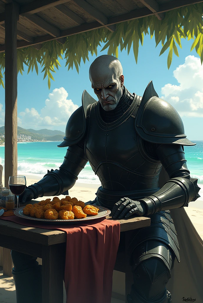 Guts the Black Swordsman Berserk by Kentaro Miura, Equipped with Berserk armor, sitting in La Guaira Venezuela eating fried plantains with fish in an awning, The fairy Puck in the sand making sand castles.