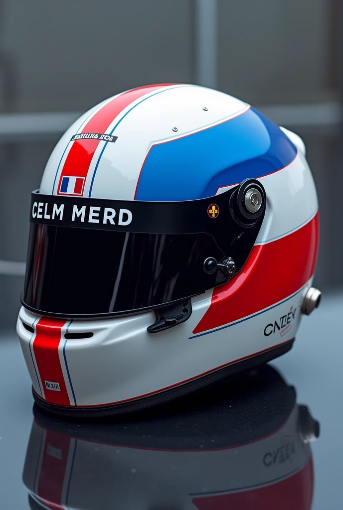 A picture of a formula one racing helmet. The helmet is oxford blue (1D2D44) and white. It should represent the country of rance without being to obvious.