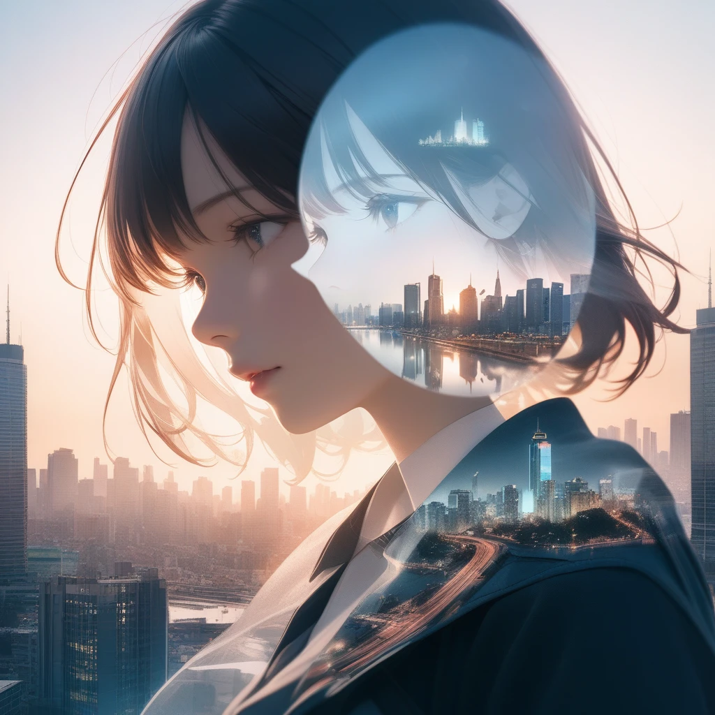 Double Exposure Style,a city skyline on the woman face,double image ghost effect,image combination,double exposure style,1girl,, (masterpiece,best quality,ultra-detailed,very aesthetic, absurdres)