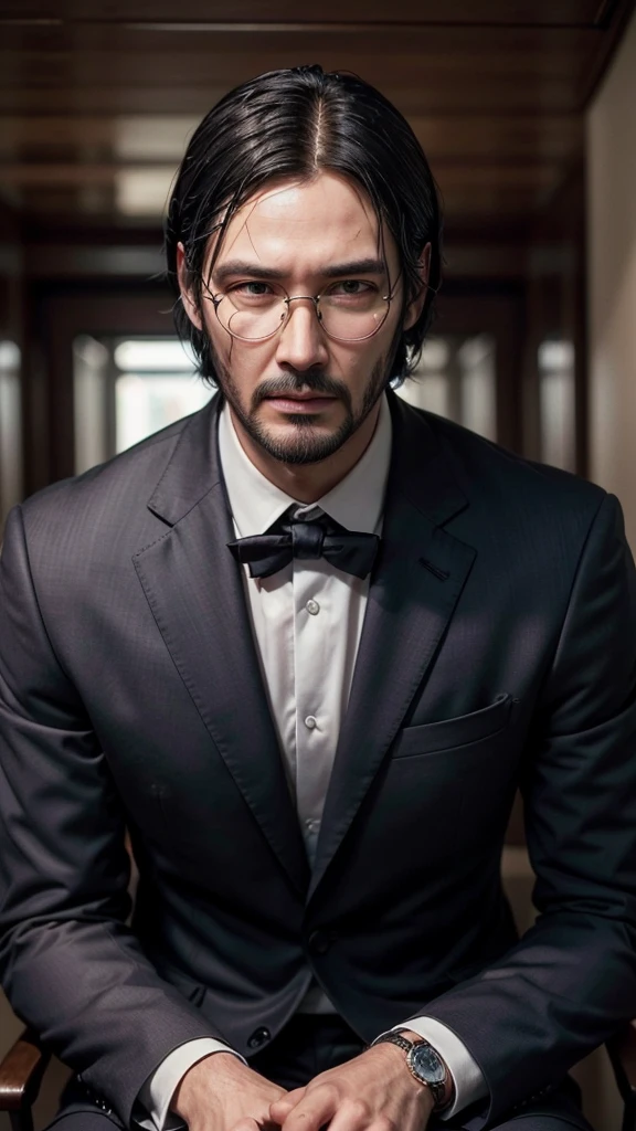 "Transform the image of a young man with dark skin, short hair and glasses in a version that looks like John Wick. He must be wearing an elegant navy blue slim fit suit, with a white shirt underneath and a black tie. Add black dress shoes to complement the look. Style your hair to look more social , similar to John Wick style. Add a short, well-groomed beard. Remove the glasses to create a look closer to John Wick. Posture should be confident and upright, with a serious and focused facial expression." ({The man must be dark-skinned black and have a slim navy blue suit.})